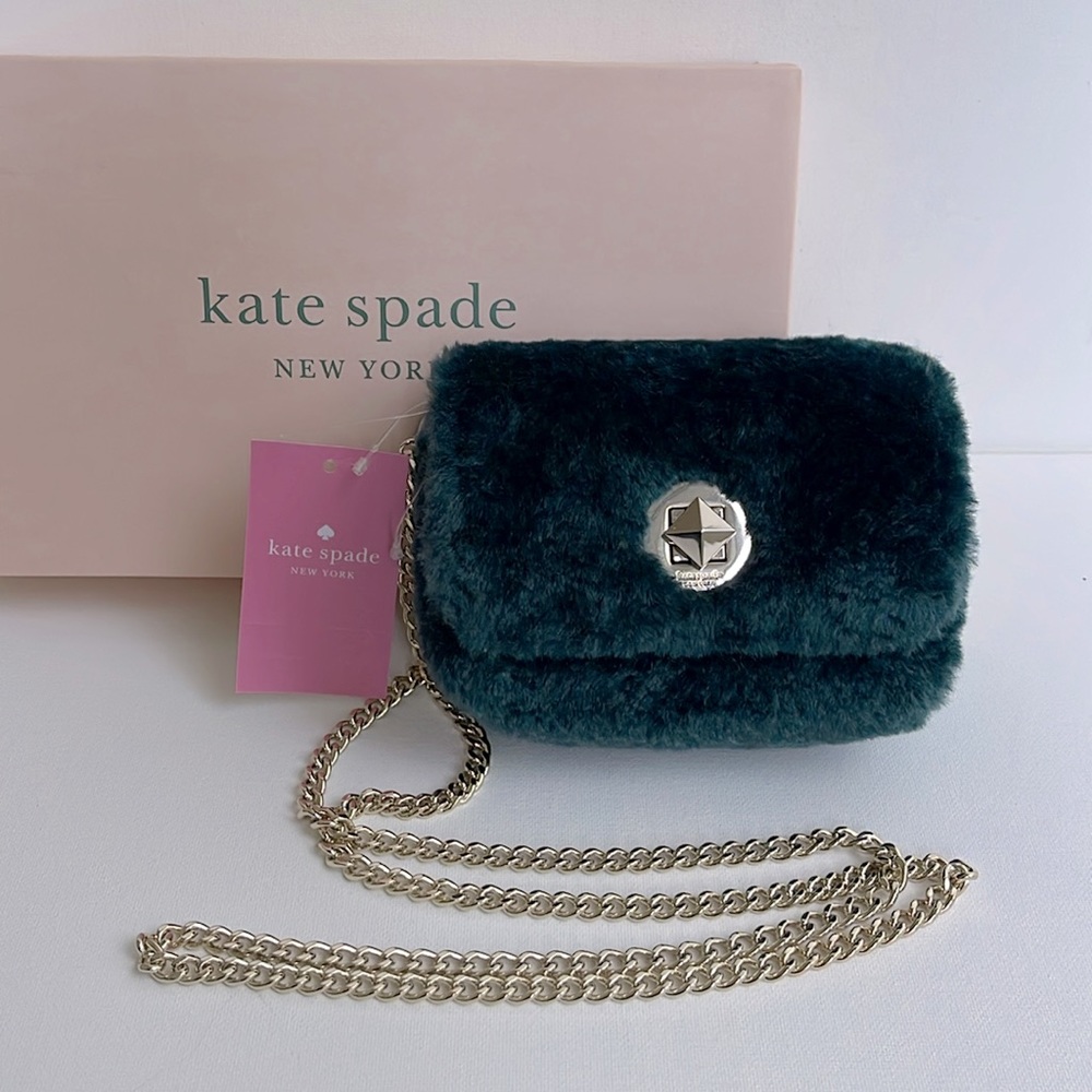 Kate Spade Audrey Micro Crossbody Bag Peacock Green Faux Shearling Gold NEW